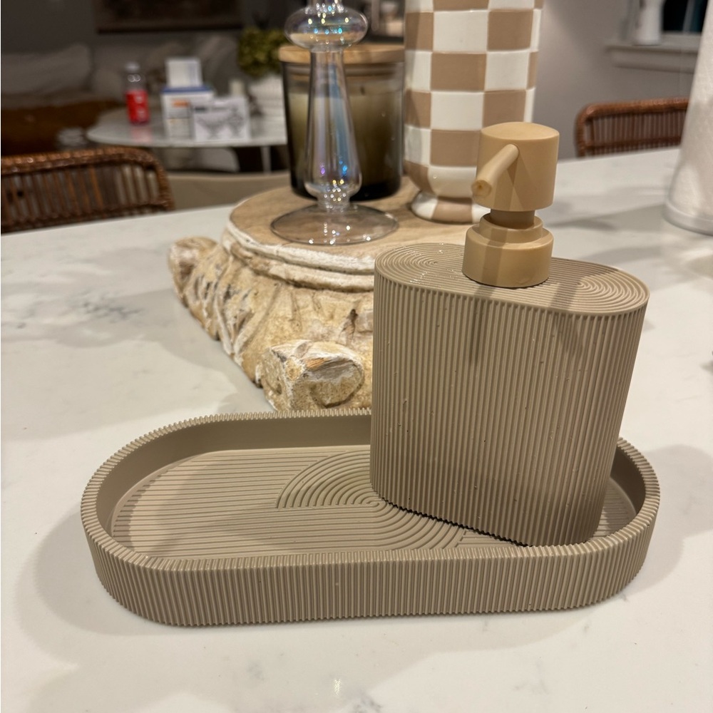 Modern Beige Soap Dispenser and Tray Set